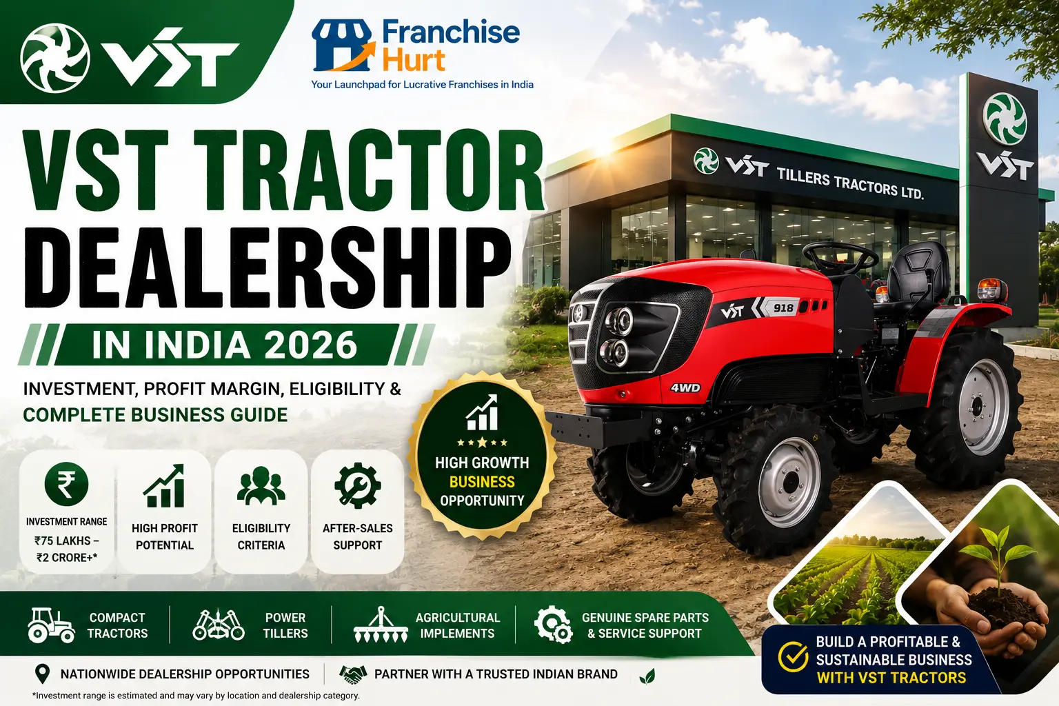 VST Tractor Dealership in India 2026 featured image showcasing a red VST compact tractor, VST logo, FranchiseHurt branding, dealership investment, profit potential, eligibility criteria, agricultural equipment, and business opportunity for entrepreneurs.