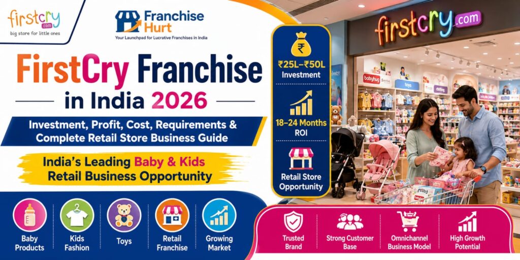 FirstCry Franchise in India 2026 featured image showcasing a modern baby and kids retail store with toys, baby products, children's clothing, shopping parents, ROI growth graphics, investment highlights, and retail franchise business opportunity branding.