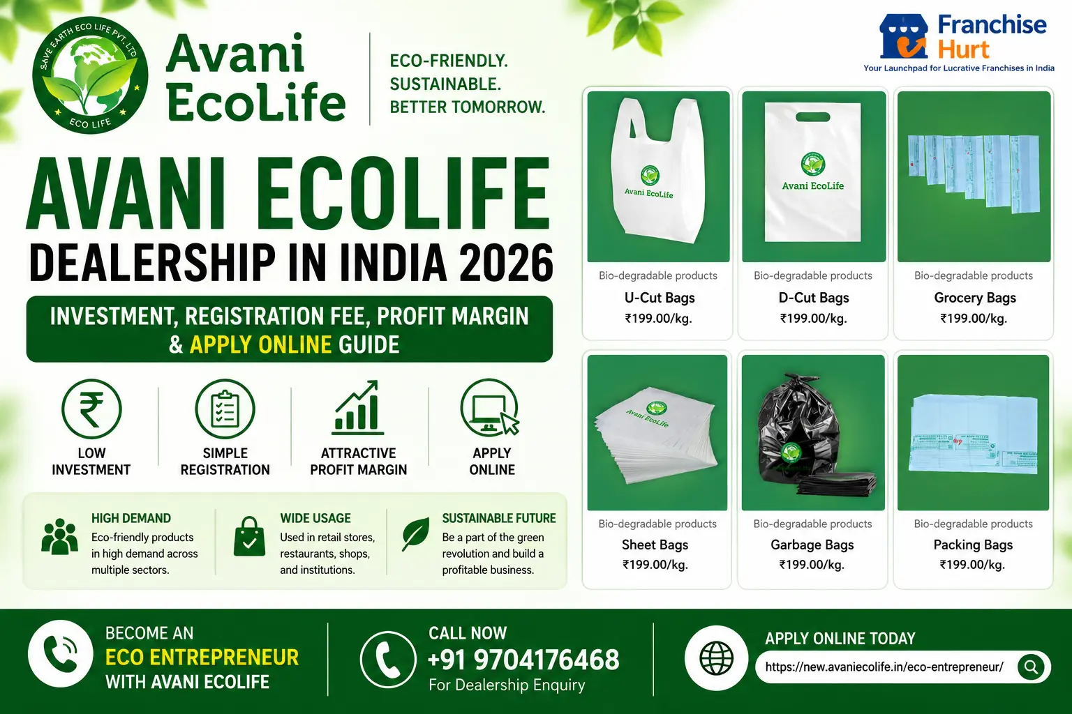 Avani EcoLife Dealership in India 2026 cover image featuring biodegradable bags, eco-friendly packaging products, sustainable business opportunity, dealership investment, registration process, and apply online guide.