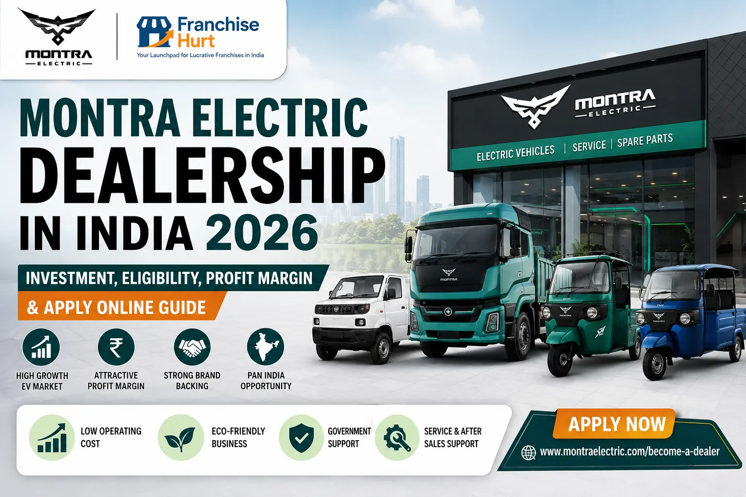 Montra Electric Dealership in India blog title image featuring electric trucks, electric three-wheelers, EV showroom, commercial electric vehicles, dealership business opportunity, and India's electric mobility ecosystem.