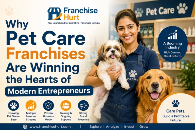 Why Pet Care Franchises Are Winning the Hearts of Modern Entrepreneurs blog cover image featuring the FranchiseHurt logo, a professional pet care expert with dogs, a modern pet care centre, business growth icons, and the expanding pet care franchise industry.