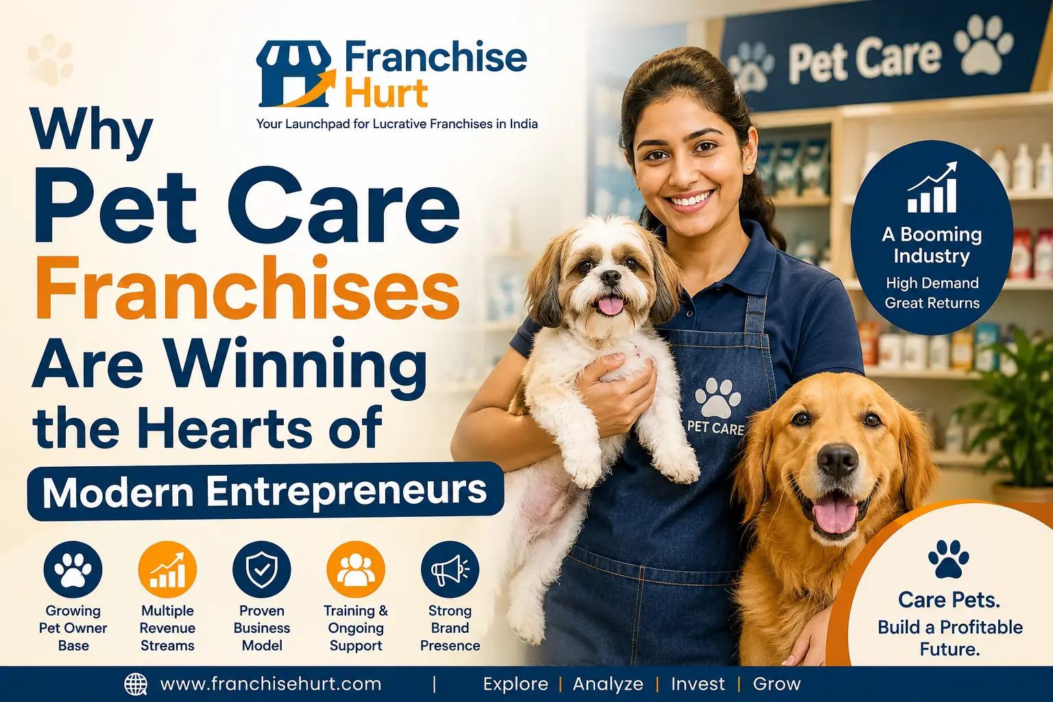 Why Pet Care Franchises Are Winning the Hearts of Modern Entrepreneurs blog cover image featuring the FranchiseHurt logo, a professional pet care expert with dogs, a modern pet care centre, business growth icons, and the expanding pet care franchise industry.