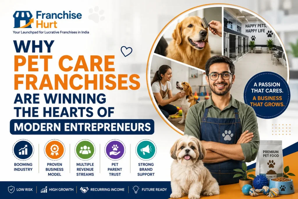 Why Pet Care Franchises Are Winning the Hearts of Modern Entrepreneurs title image featuring pet grooming, dog daycare, premium pet food, a professional pet entrepreneur, FranchiseHurt branding, and modern pet care business opportunities.