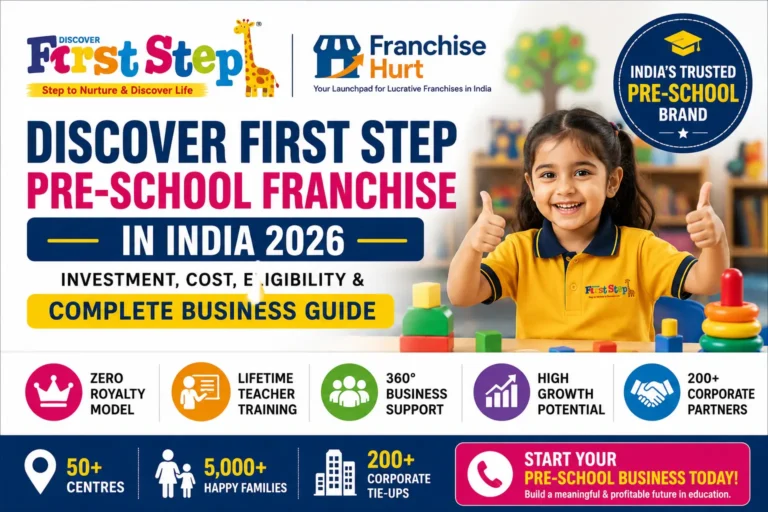 Discover First Step Pre-School Franchise in India 2026 featured image showcasing the official Discover First Step and FranchiseHurt logos, a happy preschool student, Zero Royalty model, teacher training, business support, and preschool franchise opportunity.