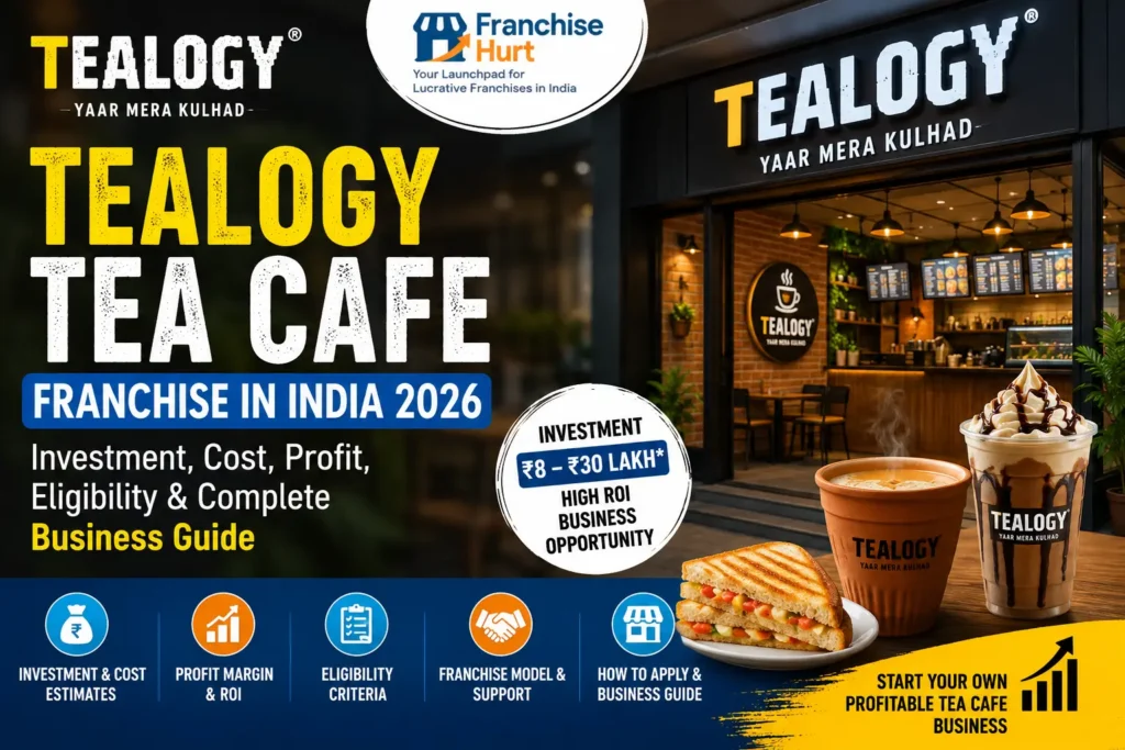 Tealogy Tea Cafe Franchise in India 2026 cover image featuring a Tealogy café outlet, kulhad tea, investment, profit, eligibility, franchise support, and complete business guide by FranchiseHurt.