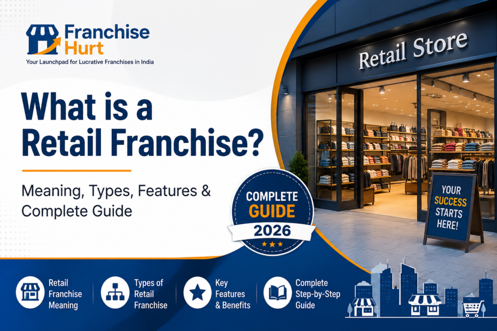 What is a Retail Franchise? Title image featuring a modern retail store, FranchiseHurt branding, and a complete guide to retail franchise meaning, types, features, and business opportunities in 2026.