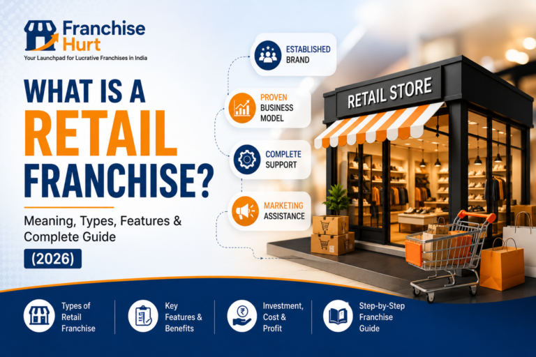 Retail Franchise business cover image showing a modern retail store, shopping cart, branded retail concepts, and FranchiseHurt's complete retail franchise guide for entrepreneurs.