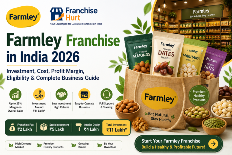 Farmley healthy snacks franchise cover image featuring a branded eco-friendly shopping bag, premium dry fruits, nuts, makhana, dates, retail store concept, and FranchiseHurt business guide for 2026.