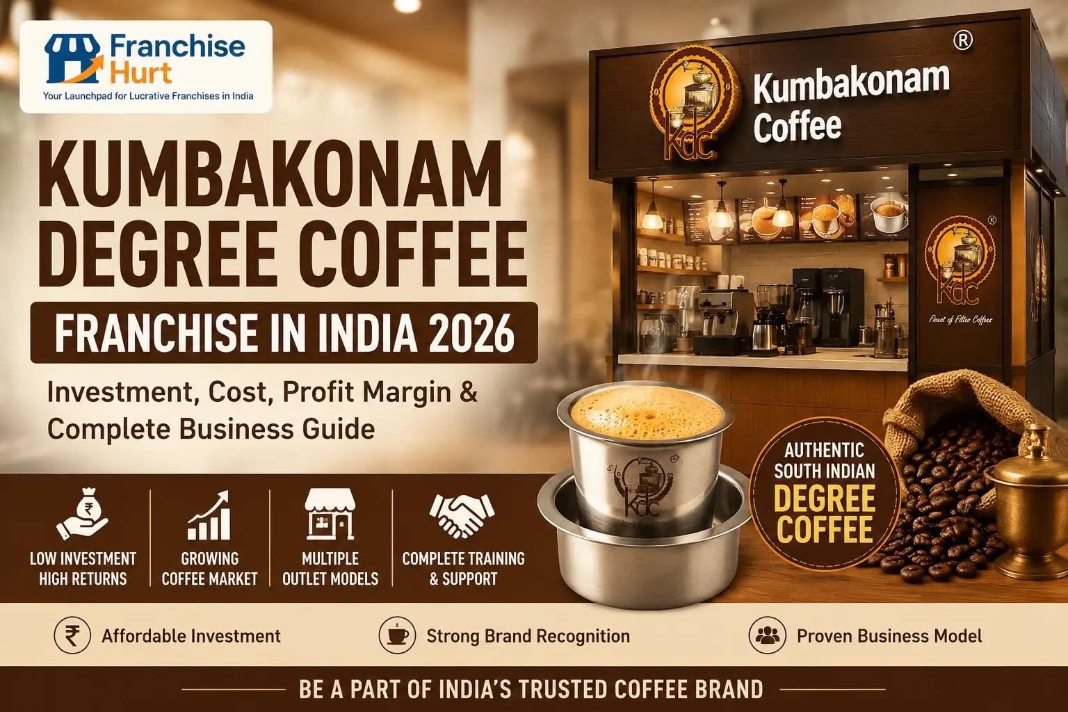 Kumbakonam Degree Coffee Franchise in India 2026 blog cover image featuring the FranchiseHurt logo, Kumbakonam Coffee branding, authentic South Indian filter coffee, modern café outlet, franchise investment highlights, and traditional coffee culture.