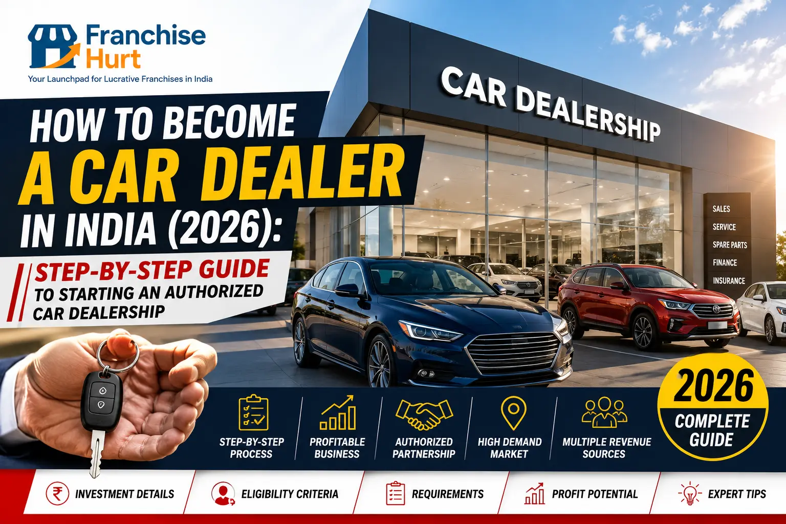 How to Become a Car Dealer in India 2026 cover image featuring a modern automobile showroom, multiple cars, dealership business opportunity, investment guide, and step-by-step process to start an authorized car dealership.