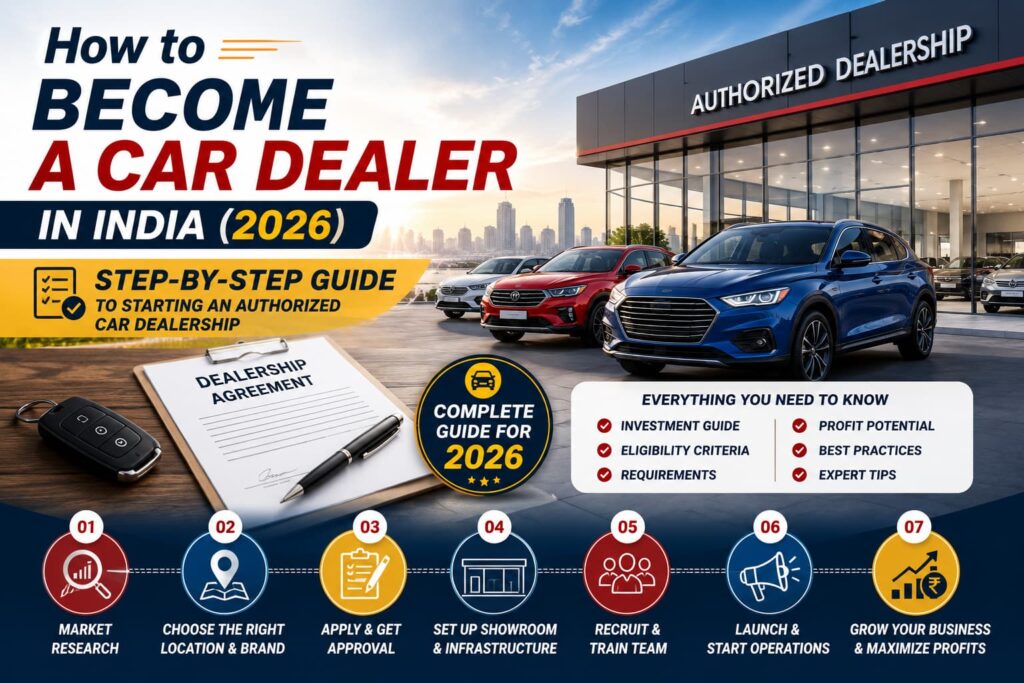 How to Become a Car Dealer in India 2026 title image showing dealership agreement, modern car showroom, premium vehicles, step-by-step dealership setup process, and complete authorized car dealership guide.
