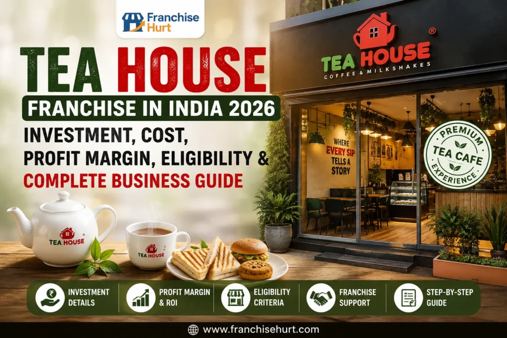 Tea House Franchise in India 2026 title image featuring the Tea House logo, FranchiseHurt branding, a premium tea café storefront, tea set, and complete franchise investment and business guide.