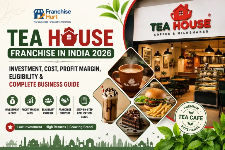 Tea House premium café franchise cover image featuring a modern café interior, signature tea, coffee, burger, dessert, and FranchiseHurt guide for Tea House franchise investment in India 2026.