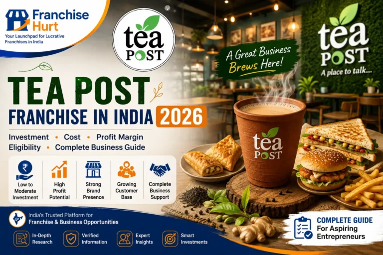 Tea Post café franchise cover image featuring a steaming cup of chai, café snacks, Tea Post branding, modern café interior, FranchiseHurt logo, and Tea Post franchise guide for India 2026.