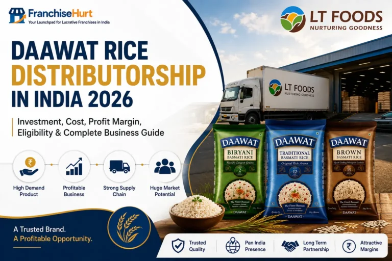 Daawat Rice distributorship cover image showing LT Foods warehouse, logistics truck, premium basmati rice products, and distribution business opportunity in India.