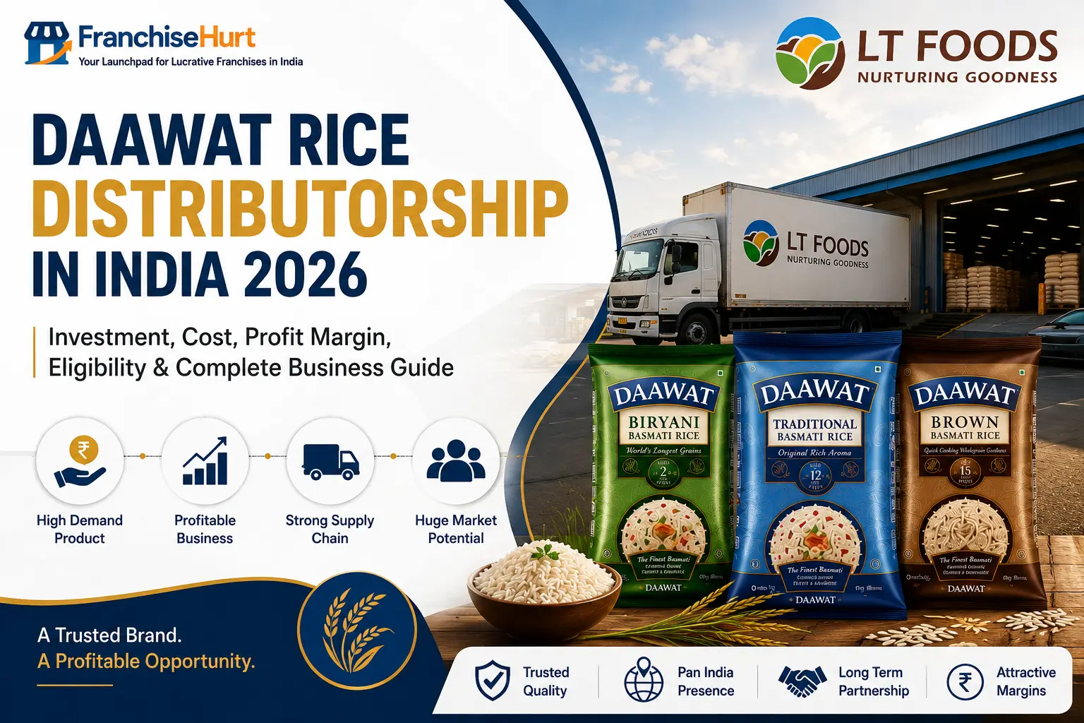 Daawat Rice distributorship cover image showing LT Foods warehouse, logistics truck, premium basmati rice products, and distribution business opportunity in India.