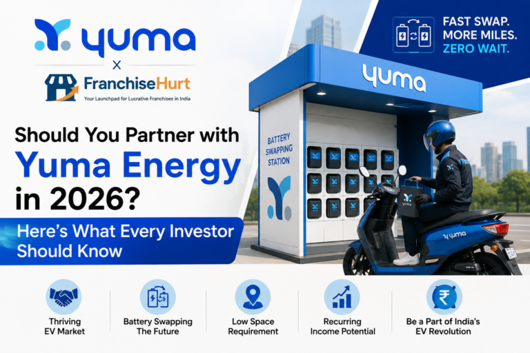 Yuma Energy Partner Program 2026 featuring a battery swapping station, electric scooter, Yuma branding and FranchiseHurt investment guide.