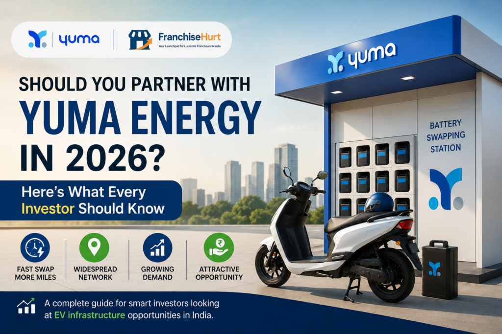 Yuma Energy Partner Program 2026 featuring a battery swapping station, electric scooter, Yuma branding and FranchiseHurt investment guide.