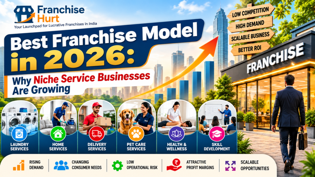 FranchiseHurt Best Franchise Model in 2026 banner highlighting niche service business opportunities, including home services, pet care, cleaning, health and wellness, education, and specialized repair services.
